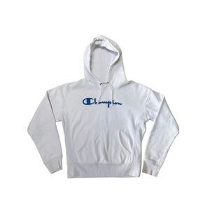 Women’s Champion Reverse Weave White & blue sherpa logo hoodie Sweatshirt Size M